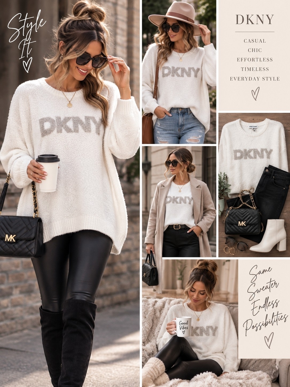 Title: DKNY Jeans Women’s 2X Ivory Fuzzy Logo Sweater Metallic Silver NWT